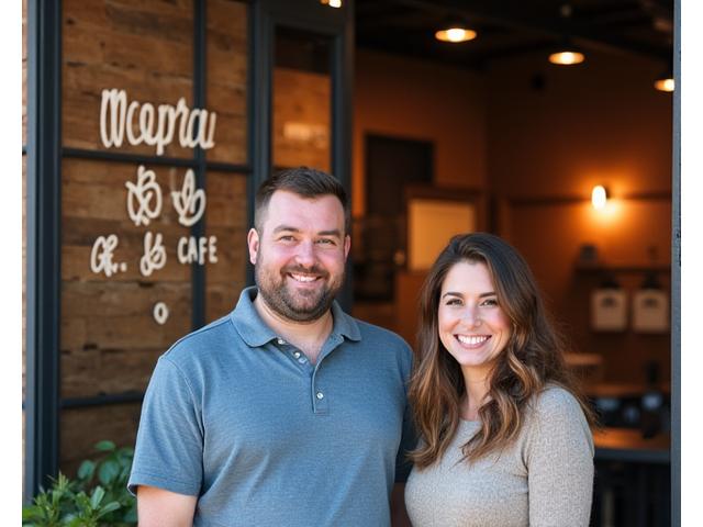 Founders smiling in front of the rustic Maple & Mug Cafe storefront, a warm and inviting scene.