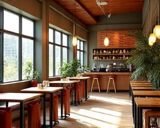 Cozy interior of Maple & Mug Cafe flooded with natural light, showing comfortable seating and warm wooden finishes.