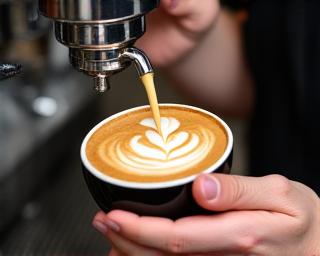 Barista meticulously pouring latte art into a coffee cup, hands focused on the craft.