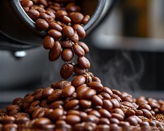Roasted coffee beans being poured from a small batch roaster into a cooling tray, steam visible.