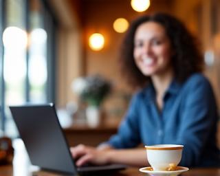 Happy customer working on a laptop at a table in the cafe, with a coffee cup nearby.