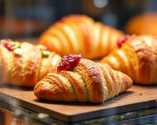 Artfully arranged display of freshly baked pastries and croissants behind a glass case.