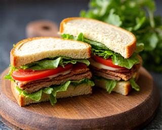 Close-up view of a gourmet sandwich on a wooden board, showcasing fresh ingredients.