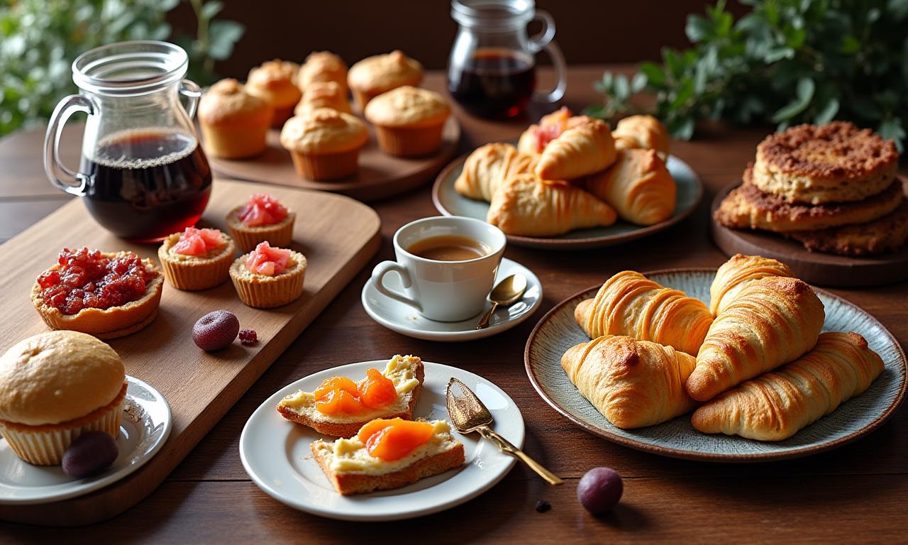 A beautifully arranged catering spread with coffee carafes, fresh croissants, fruit tarts, and gourmet sandwiches on a rustic wooden table.