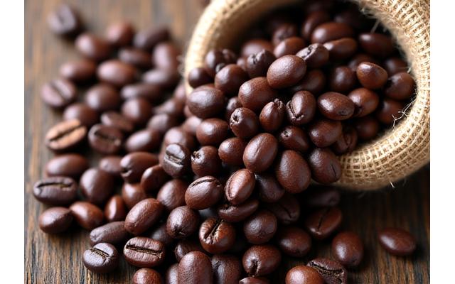 Close-up of roasted coffee beans in a wooden scoop
