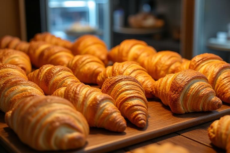 Assortment of freshly baked pastries and croissants on a wooden display
